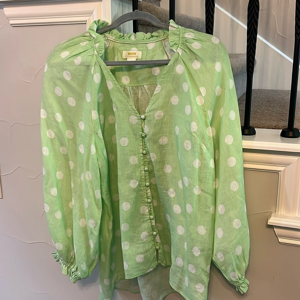 Anthropologie Maeve Linen Mint Polka Dot Blouse